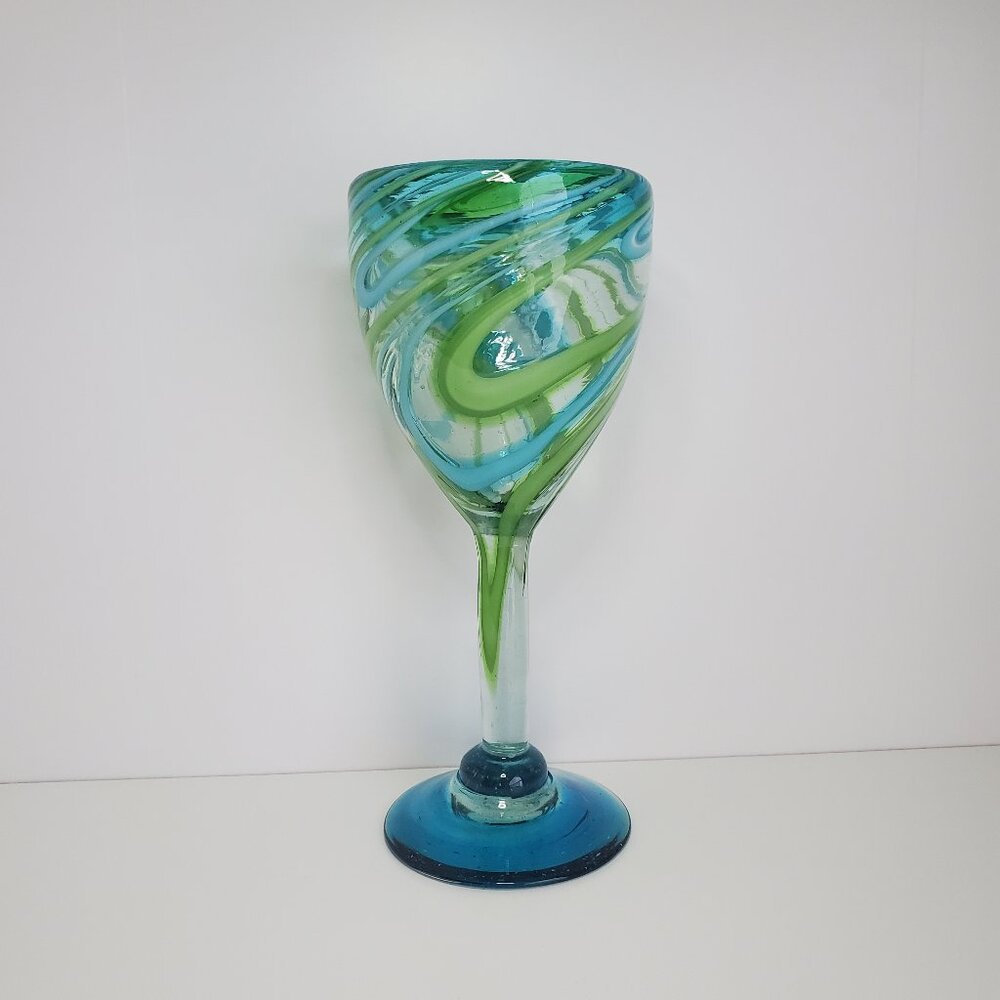 Hand Blown Stemmed Aqua Blue And Green Wine Glass With White Swirl - Mexico